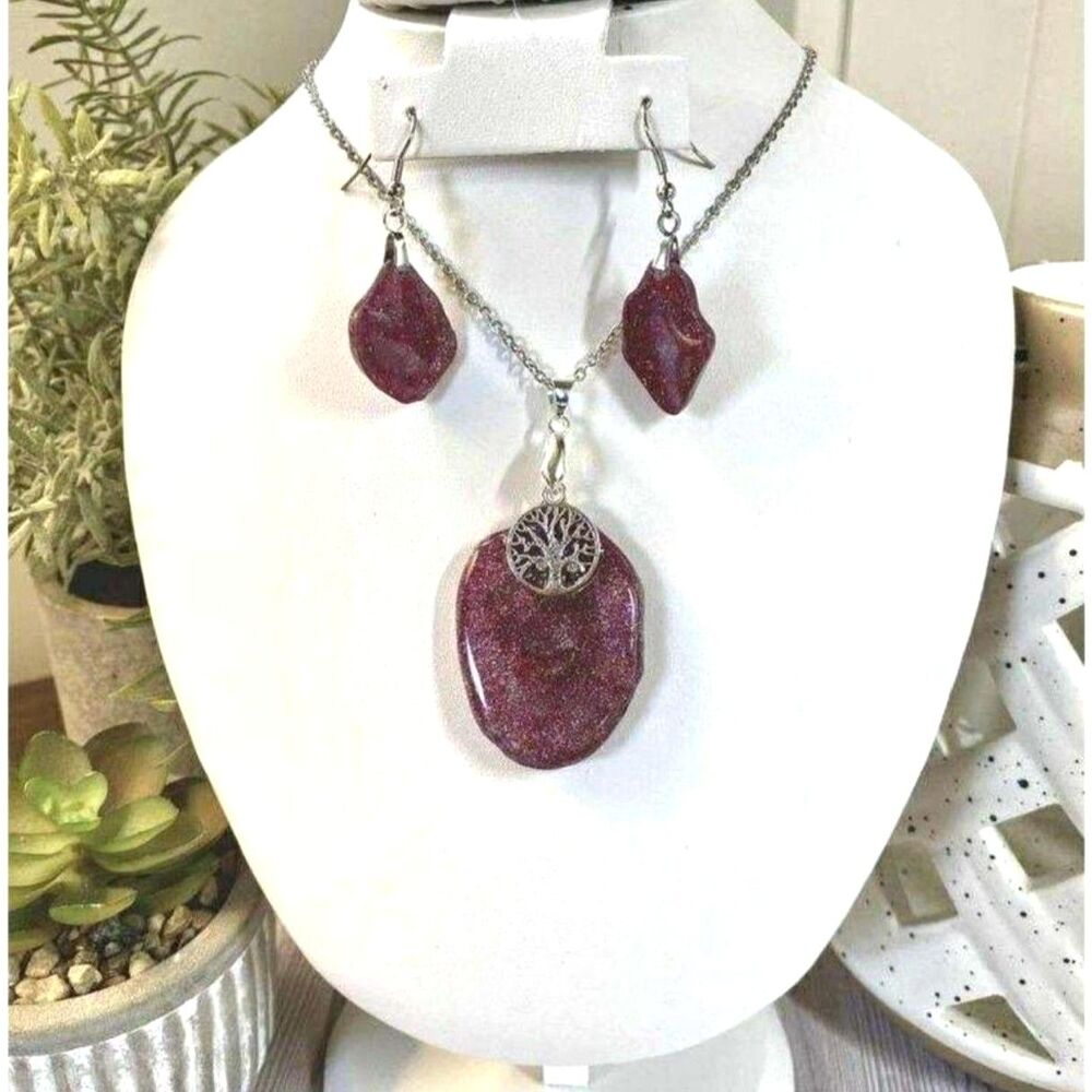 Handmade Burgundy Resin Necklace & Earring Set | Tree of Life Pendant